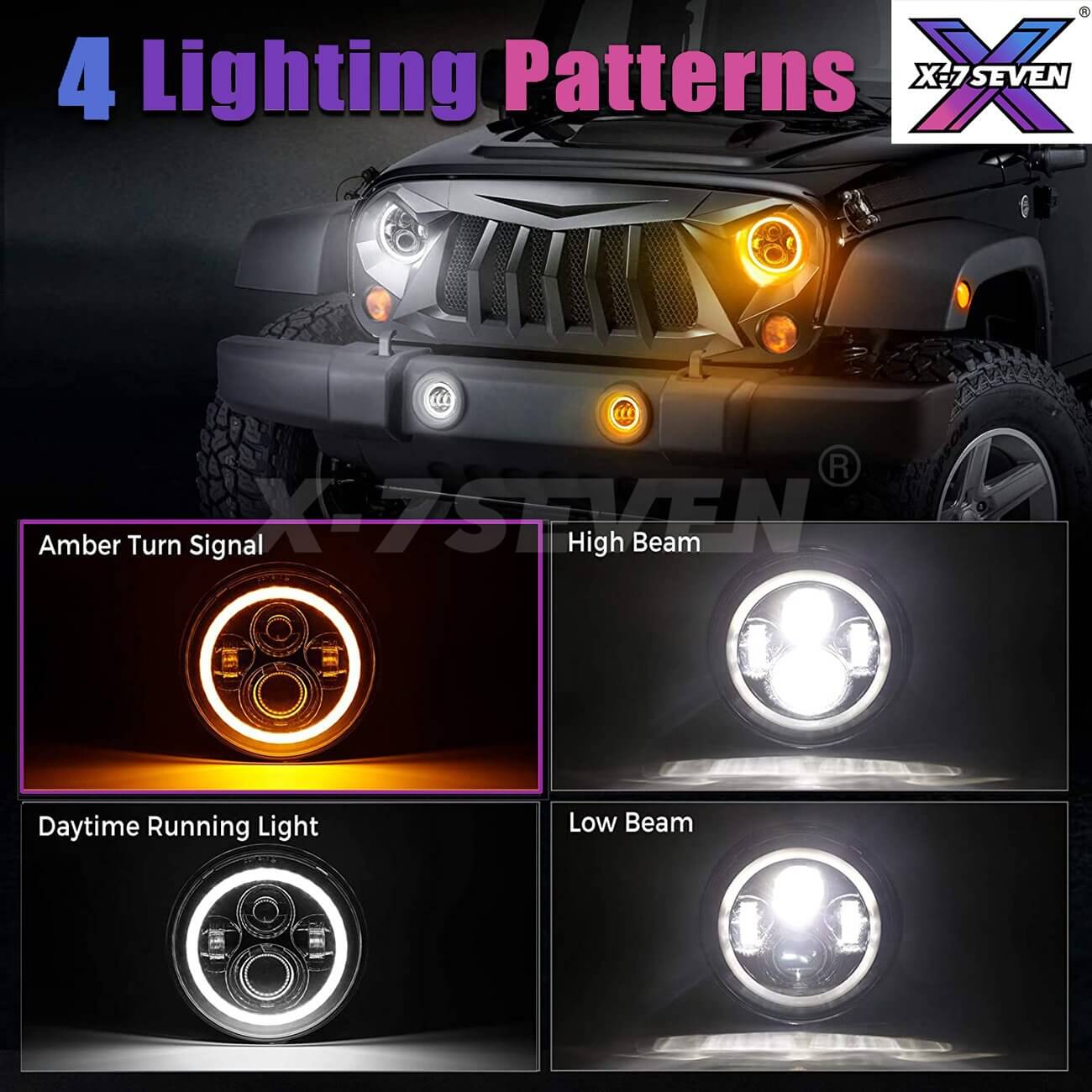 2pcs/set) 7'' 90W Round Halo Ring Jeep Headlights With Amber Turn Signal  Compatible With 1987-2018 Jeep Wrangler JK JKU TJ LJ Rubicon Sahara  Unlimited || X-7SEVEN USA