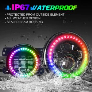 (4pcs/set) 7'' RGB Chasing Color Headlights with Amber Turn Signal+ 4'' RGB Fog Lights For Wrangler Wrangler 1997-2017 JK TJ LJ with Bluetooth Remote Control